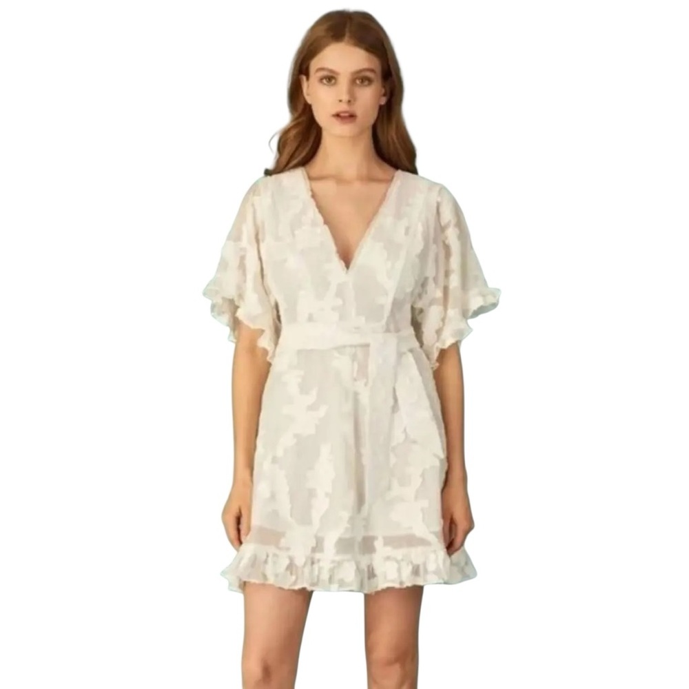 Tanya Taylor Gabriela Lace Flutter Sleeve Dress in White Sz S